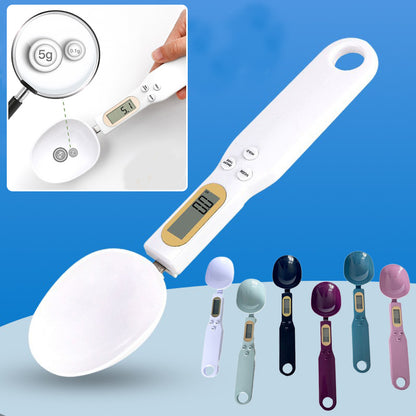 white digital kitchen measuring spoon scale on countertop