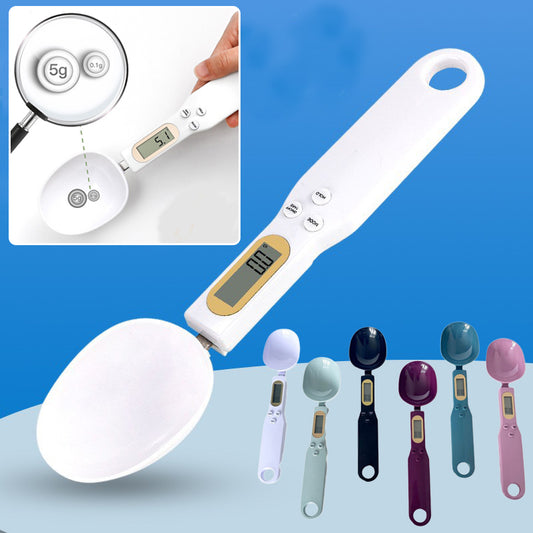 white digital kitchen measuring spoon scale on countertop