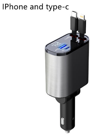 Product measurements and 31.5 inch cable extension length infographic for retractable car charger