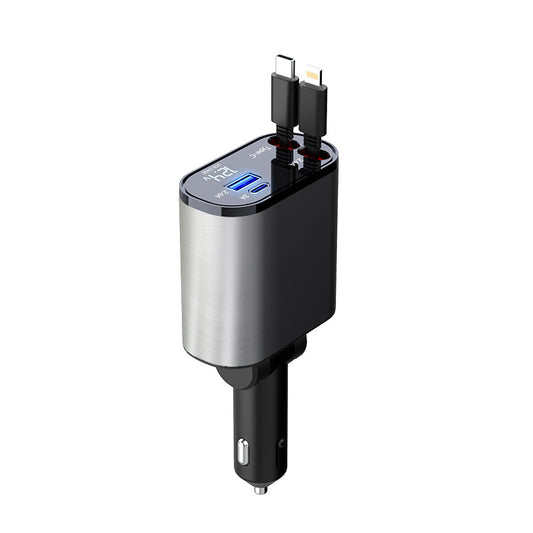 Metal silver gray 100W retractable car charger plugged into cigarette lighter socket